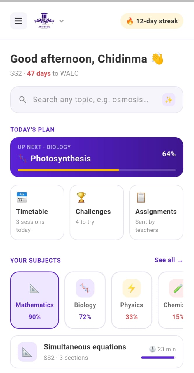 AbSTopiq app showing syllabus-grounded learning progress